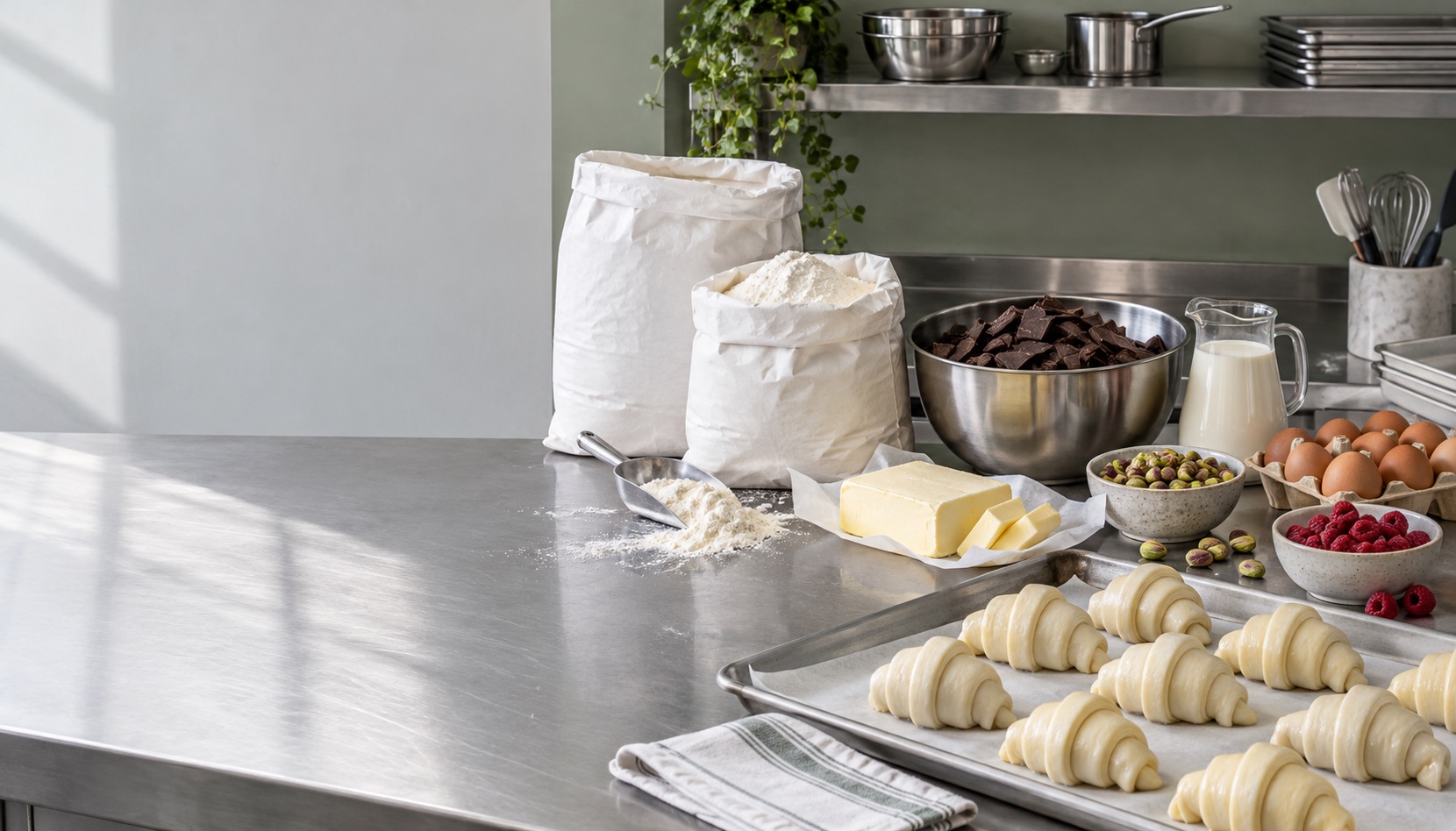 Harina, chocolate, nata, mantequilla y otros ingredientes en una mesa de obrador